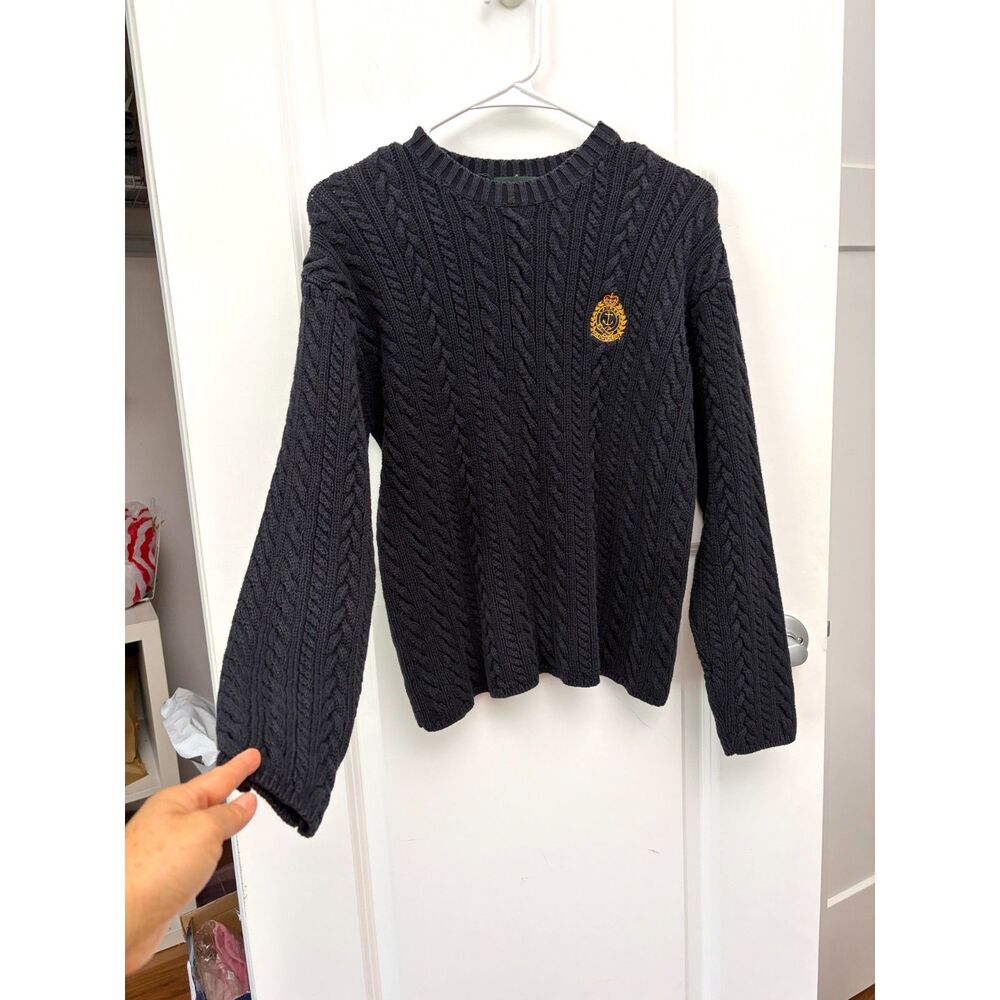 Vintage Lauren Ralph Lauren Cotton Cable Knit Crest Sweater Womens Small Black